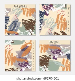 Hand drawn creative invitation greeting cards. Invitation party card template. Set of 4 isolated on layer. Abstract creative universal doodles. Roughly brushed floral motifs. Vector illustration.