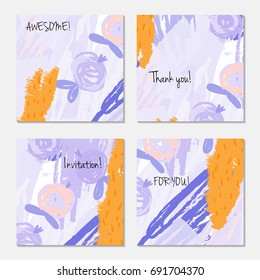 Hand drawn creative invitation greeting cards. Invitation party card template. Set of 4 isolated on layer. Abstract creative universal doodles. Roughly brushed floral motifs. Vector illustration.