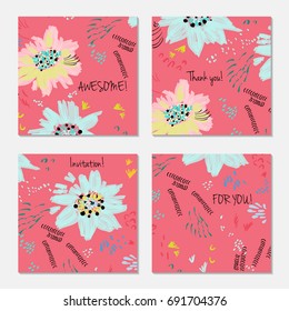 Hand drawn creative invitation greeting cards. Invitation party card template. Set of 4 isolated on layer. Abstract creative universal doodles. Roughly brushed floral motifs. Vector illustration.