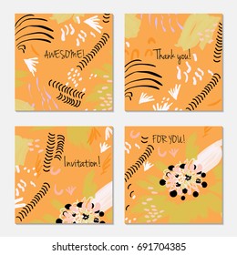 Hand drawn creative invitation greeting cards. Invitation party card template. Set of 4 isolated on layer. Abstract creative universal doodles. Roughly brushed floral motifs. Vector illustration.