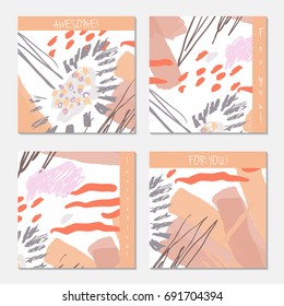 Hand drawn creative invitation greeting cards. Invitation party card template. Set of 4 isolated on layer. Abstract creative universal doodles. Roughly brushed floral motifs. Vector illustration.