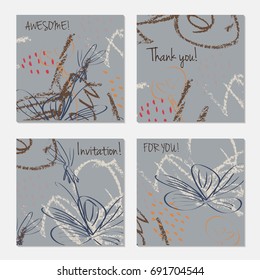 Hand drawn creative invitation greeting cards. Invitation party card template. Set of 4 isolated on layer. Abstract creative universal doodles. Roughly brushed floral motifs. Vector illustration.