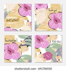 Hand drawn creative invitation greeting cards. Invitation party card template. Set of 4 isolated on layer. Abstract creative universal doodles. Roughly brushed floral motifs. Vector illustration.