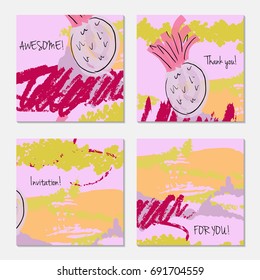 Hand drawn creative invitation greeting cards. Invitation party card template. Set of 4 isolated on layer. Abstract creative universal doodles. Roughly brushed floral motifs. Vector illustration.