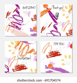 Hand drawn creative invitation greeting cards. Invitation party card template. Set of 4 isolated on layer. Abstract creative universal doodles. Roughly brushed floral motifs. Vector illustration.