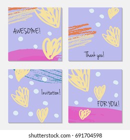Hand drawn creative invitation greeting cards. Invitation party card template. Set of 4 isolated on layer. Abstract creative universal doodles. Roughly brushed floral motifs. Vector illustration.
