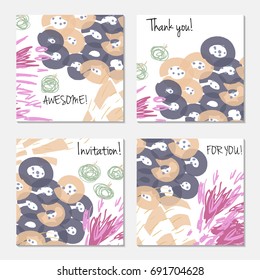 Hand drawn creative invitation greeting cards. Invitation party card template. Set of 4 isolated on layer. Abstract creative universal doodles. Roughly brushed floral motifs. Vector illustration.