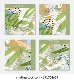 Hand drawn creative invitation greeting cards. Invitation party card template. Set of 4 isolated on layer. Abstract creative universal doodles. Roughly brushed floral motifs. Vector illustration.
