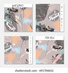 Hand drawn creative invitation greeting cards. Invitation party card template. Set of 4 isolated on layer. Abstract creative universal doodles. Roughly brushed floral motifs. Vector illustration.