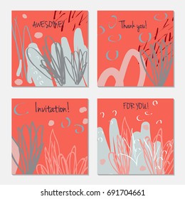 Hand drawn creative invitation greeting cards. Invitation party card template. Set of 4 isolated on layer. Abstract creative universal doodles. Roughly brushed floral motifs. Vector illustration.