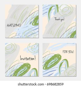 Hand drawn creative invitation greeting cards. Invitation party card template. Set of 4 isolated on layer. Abstract creative universal doodles. Roughly brushed floral motifs. Vector illustration.
