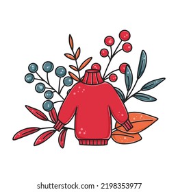Hand drawn creative with knitted sweater, foliage and berries. Autumn composition with cute and cozy decorative design elements.Isolated fall vector illustration for print