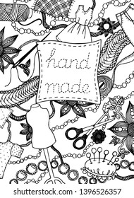 Hand drawn creative occupation backdrop illustration with different sewing items and decoration elements. Vector illustration with the inscription "hand made"