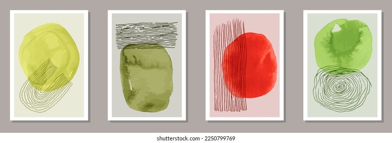 Hand drawn creative postcards vector set. Watercolor spots shapes. 50s style design. Stylish home decor templates. Doodle elements.