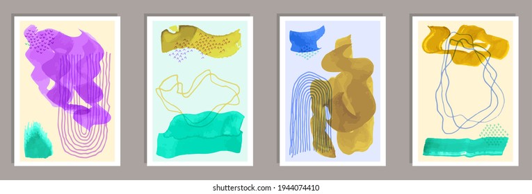 Hand drawn creative posters vector collection. Watercolor spots backgrounds. Nordic style prints. Cool artwork layouts. Doodle elements.