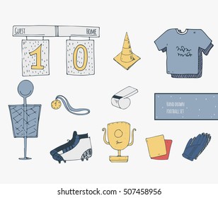 Hand drawn creative set with soccer objects, good for training. Vector football illustration with cone, medal, red card, t-shirts, boots, whistle, scoreboard, goalkeeper  gloves. Isolated on white set