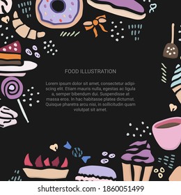 Hand drawn creative sweets design set. Doodle style vector illustration for graphic and web design