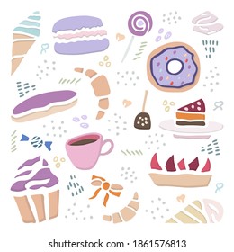 Hand drawn creative sweets design set. Doodle style vector illustration for graphic and web design