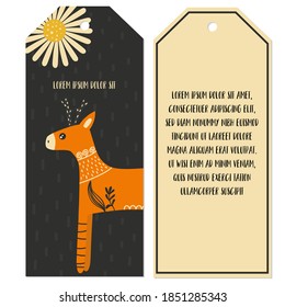 Handgezeichnete Kreativanhänger mit Hirsch und Blume im Volksstil. Ideal für Shopping, Vertrieb, Werbung, Preisschilder und Vorlagen für Produktetiketten. Vektorgrafik einzeln.