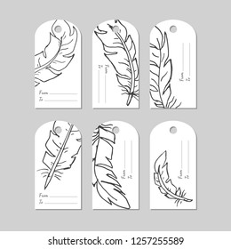 Hand drawn creative tags with feathers. Universal shopping, sales, advertising, price tags and product label templates isolated. Vector isolated.