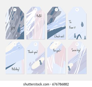 Hand drawn creative tags. Universal shopping, sales, advertising, price tags and product label templates isolated. Abstract artistic doodles. Roughly drawn bright trendy textures. Vector isolated