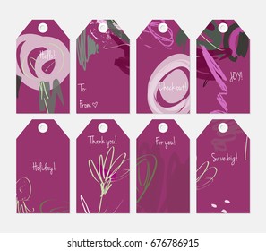 Hand drawn creative tags. Universal shopping, sales, advertising, price tags and product label templates isolated. Abstract artistic doodles. Roughly drawn bright trendy textures. Vector isolated