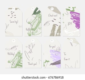 Hand drawn creative tags. Universal shopping, sales, advertising, price tags and product label templates isolated. Abstract artistic doodles. Roughly drawn bright trendy textures. Vector isolated