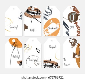 Hand drawn creative tags. Universal shopping, sales, advertising, price tags and product label templates isolated. Abstract artistic doodles. Roughly drawn bright trendy textures. Vector isolated