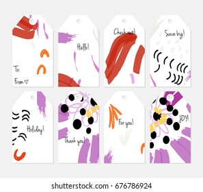 Hand drawn creative tags. Universal shopping, sales, advertising, price tags and product label templates isolated. Abstract artistic doodles. Roughly drawn bright trendy textures. Vector isolated