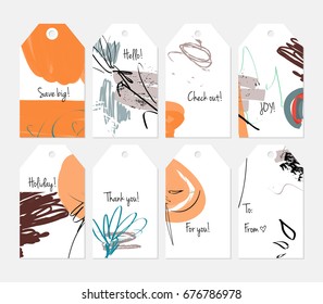 Hand drawn creative tags. Universal shopping, sales, advertising, price tags and product label templates isolated. Abstract artistic doodles. Roughly drawn bright trendy textures. Vector isolated