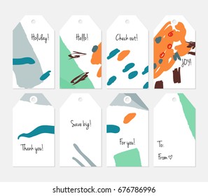 Hand drawn creative tags. Universal shopping, sales, advertising, price tags and product label templates isolated. Abstract artistic doodles. Roughly drawn bright trendy textures. Vector isolated