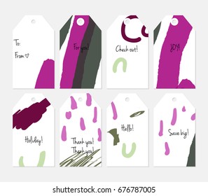 Hand drawn creative tags. Universal shopping, sales, advertising, price tags and product label templates isolated. Abstract artistic doodles. Roughly drawn bright trendy textures. Vector isolated