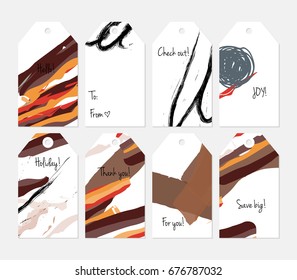 Hand drawn creative tags. Universal shopping, sales, advertising, price tags and product label templates isolated. Abstract artistic doodles. Roughly drawn bright trendy textures. Vector isolated