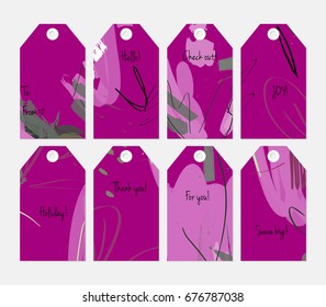 Hand drawn creative tags. Universal shopping, sales, advertising, price tags and product label templates isolated. Abstract artistic doodles. Roughly drawn bright trendy textures. Vector isolated