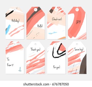 Hand drawn creative tags. Universal shopping, sales, advertising, price tags and product label templates isolated. Abstract artistic doodles. Roughly drawn bright trendy textures. Vector isolated
