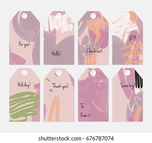Hand drawn creative tags. Universal shopping, sales, advertising, price tags and product label templates isolated. Abstract artistic doodles. Roughly drawn bright trendy textures. Vector isolated