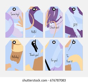 Hand drawn creative tags. Universal shopping, sales, advertising, price tags and product label templates isolated. Abstract artistic doodles. Roughly drawn bright trendy textures. Vector isolated