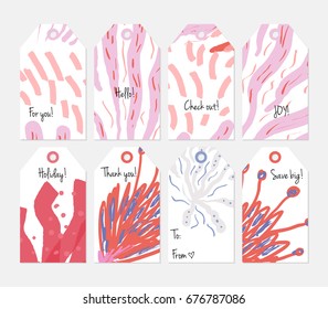 Hand drawn creative tags. Universal shopping, sales, advertising, price tags and product label templates isolated. Abstract artistic doodles. Roughly drawn bright trendy textures. Vector isolated
