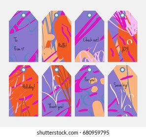 Hand drawn creative tags. Universal shopping, sales, advertising, price tags and product label templates isolated. Abstract artistic doodles. Roughly drawn bright trendy textures. Vector isolated