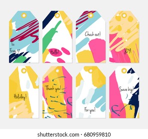 Hand drawn creative tags. Universal shopping, sales, advertising, price tags and product label templates isolated. Abstract artistic doodles. Roughly drawn bright trendy textures. Vector isolated