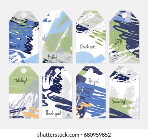 Hand drawn creative tags. Universal shopping, sales, advertising, price tags and product label templates isolated. Abstract artistic doodles. Roughly drawn bright trendy textures. Vector isolated