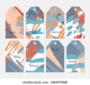 Hand drawn creative tags. Universal shopping, sales, advertising, price tags and product label templates isolated. Abstract artistic doodles. Roughly drawn bright trendy textures. Vector isolated
