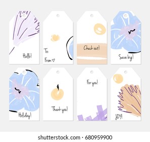 Hand drawn creative tags. Universal shopping, sales, advertising, price tags and product label templates isolated. Abstract artistic doodles. Roughly drawn bright trendy textures. Vector isolated