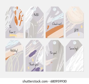 Hand drawn creative tags. Universal shopping, sales, advertising, price tags and product label templates isolated. Abstract artistic doodles. Roughly drawn bright trendy textures. Vector isolated