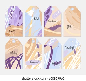 Hand drawn creative tags. Universal shopping, sales, advertising, price tags and product label templates isolated. Abstract artistic doodles. Roughly drawn bright trendy textures. Vector isolated