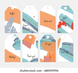 Hand drawn creative tags. Universal shopping, sales, advertising, price tags and product label templates isolated. Abstract artistic doodles. Roughly drawn bright trendy textures. Vector isolated