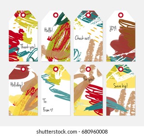 Hand drawn creative tags. Universal shopping, sales, advertising, price tags and product label templates isolated. Abstract artistic doodles. Roughly drawn bright trendy textures. Vector isolated