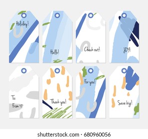 Hand drawn creative tags. Universal shopping, sales, advertising, price tags and product label templates isolated. Abstract artistic doodles. Roughly drawn bright trendy textures. Vector isolated