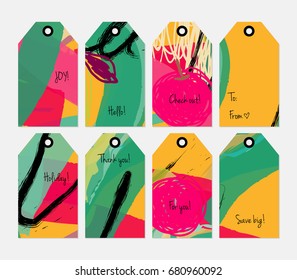 Hand drawn creative tags. Universal shopping, sales, advertising, price tags and product label templates isolated. Abstract artistic doodles. Roughly drawn bright trendy textures. Vector isolated