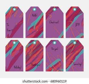 Hand drawn creative tags. Universal shopping, sales, advertising, price tags and product label templates isolated. Abstract artistic doodles. Roughly drawn bright trendy textures. Vector isolated